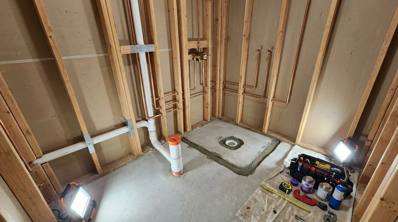 Bathroom rough-in plumbing during remodel by Johns Plumbing LLC in Port Ludlow