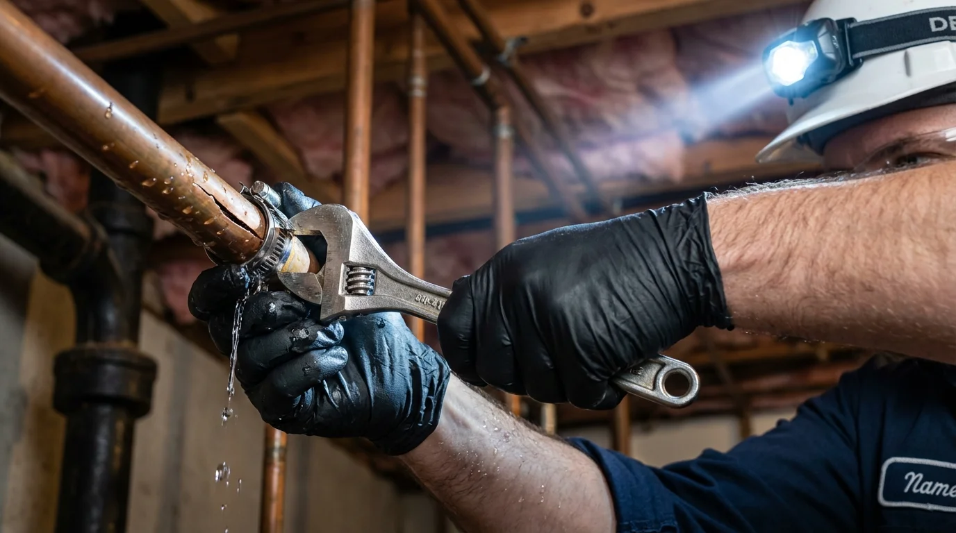 Emergency pipe clamp repair being performed by a Johns Plumbing LLC plumber in Port Ludlow
