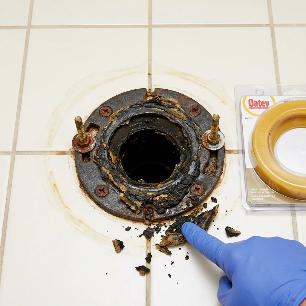 Failed wax ring showing water seepage at the base of a toilet in a Port Ludlow, WA home