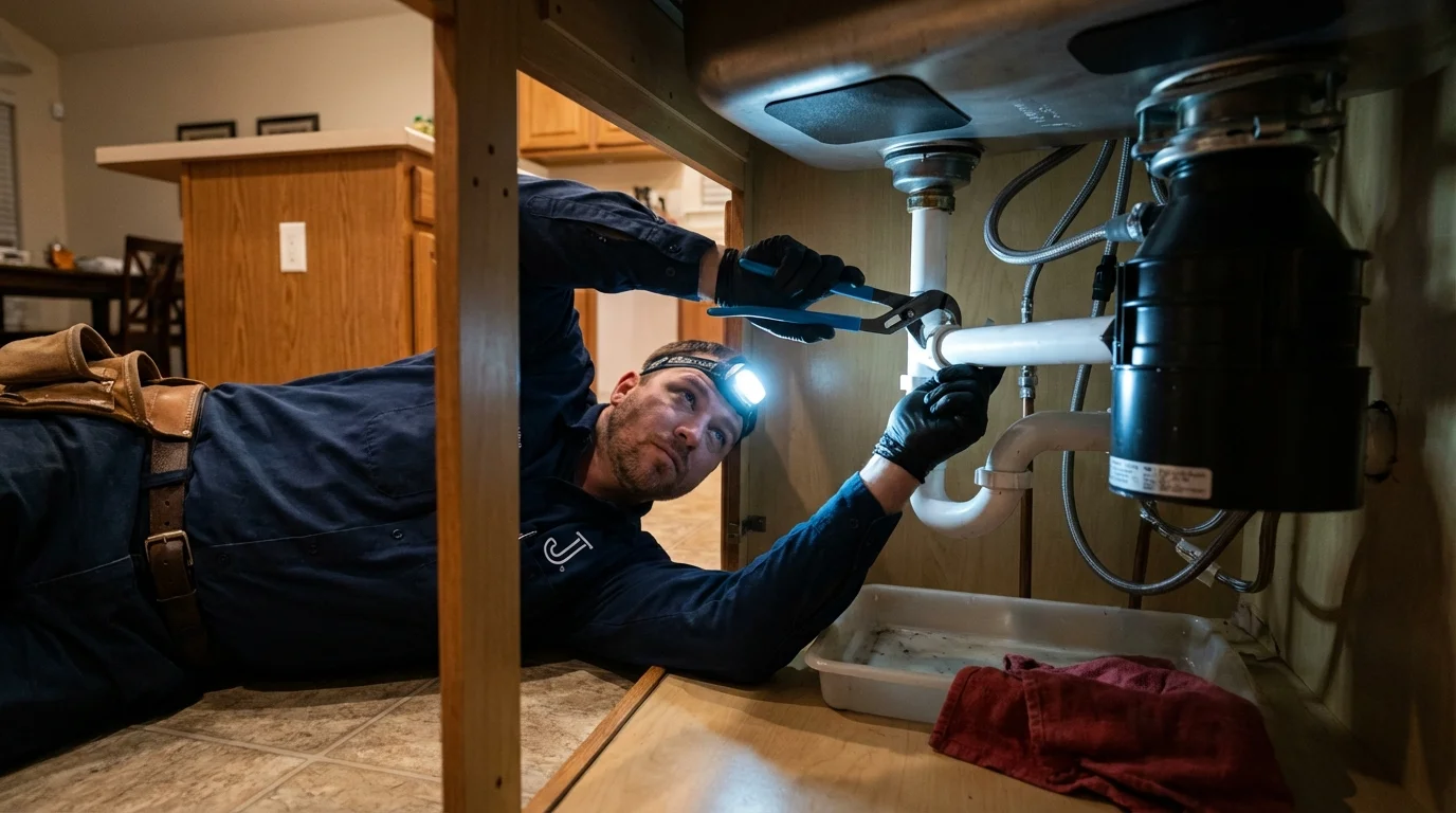P-trap and supply line connections under a kitchen sink showing a common leak point in Port Ludlow, WA